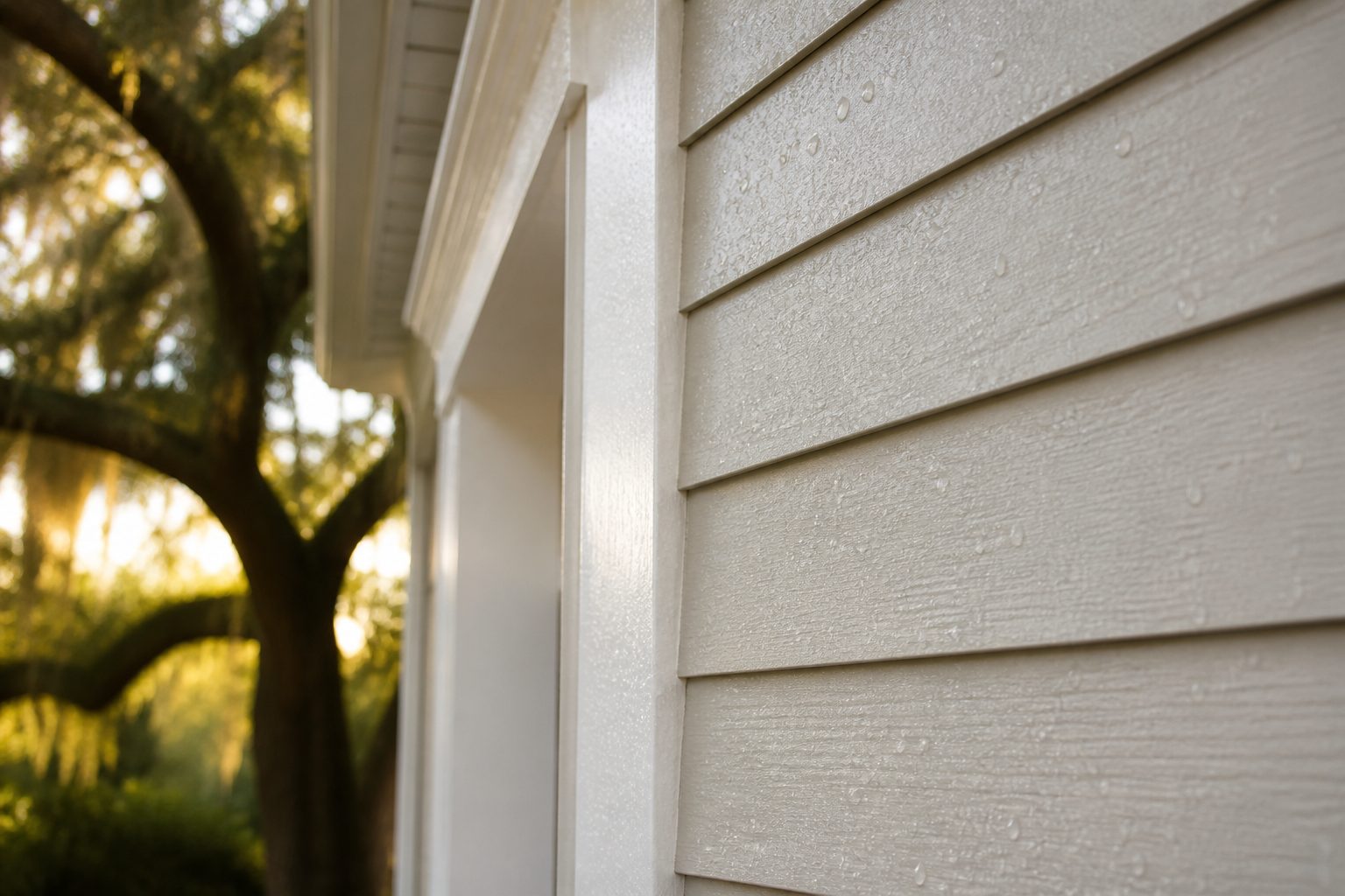 Close-up demonstration photograph of wet, freshly cleaned siding at golden hour. Example craft, not a live customer site.