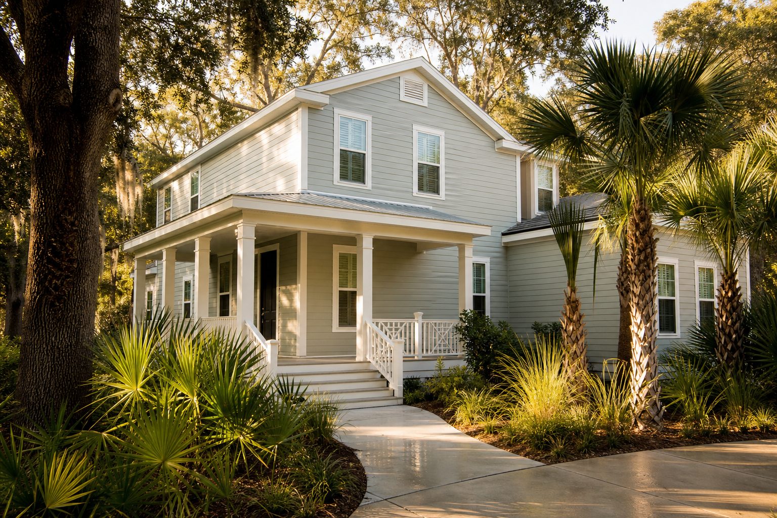 Demonstration photograph of a two-story house after exterior cleaning, golden hour, Jacksonville-style oaks. Example one-pager craft, not a live customer site.