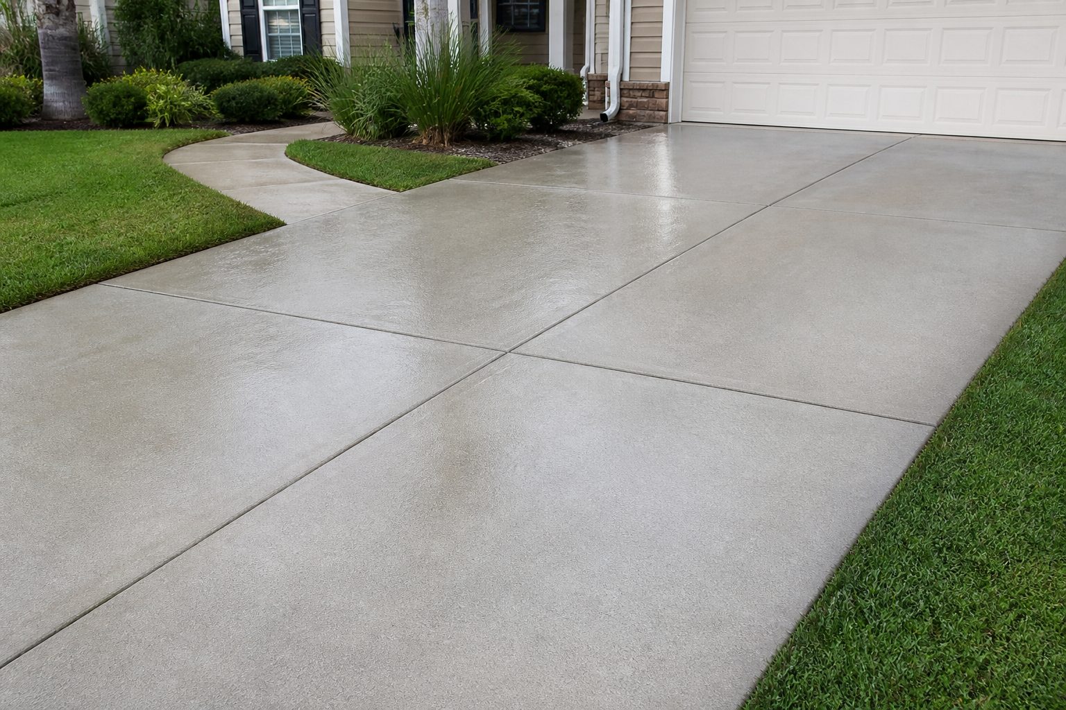 Demonstration photograph of a clean wet concrete driveway. Example service card, not a live customer site.