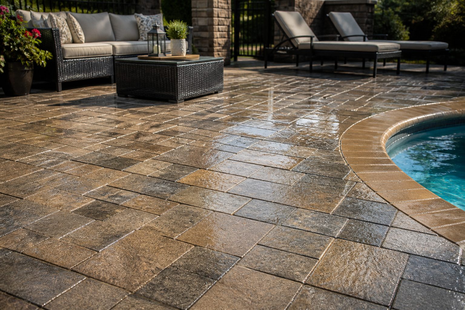 Demonstration photograph of a wet paver patio. Example service card, not a live customer site.